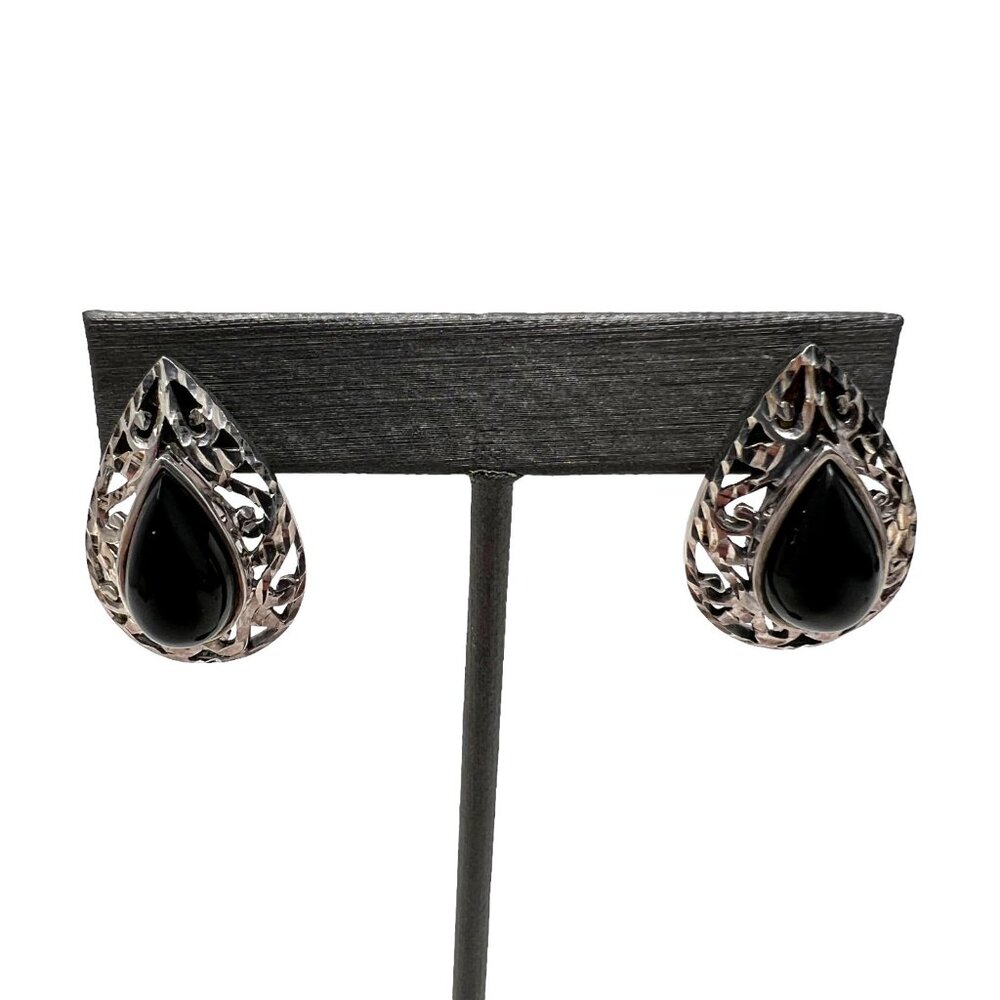 Vintage Onyx Earrings 925 Sterling Silver Stud Post Open Metalworks Signed‎ ND